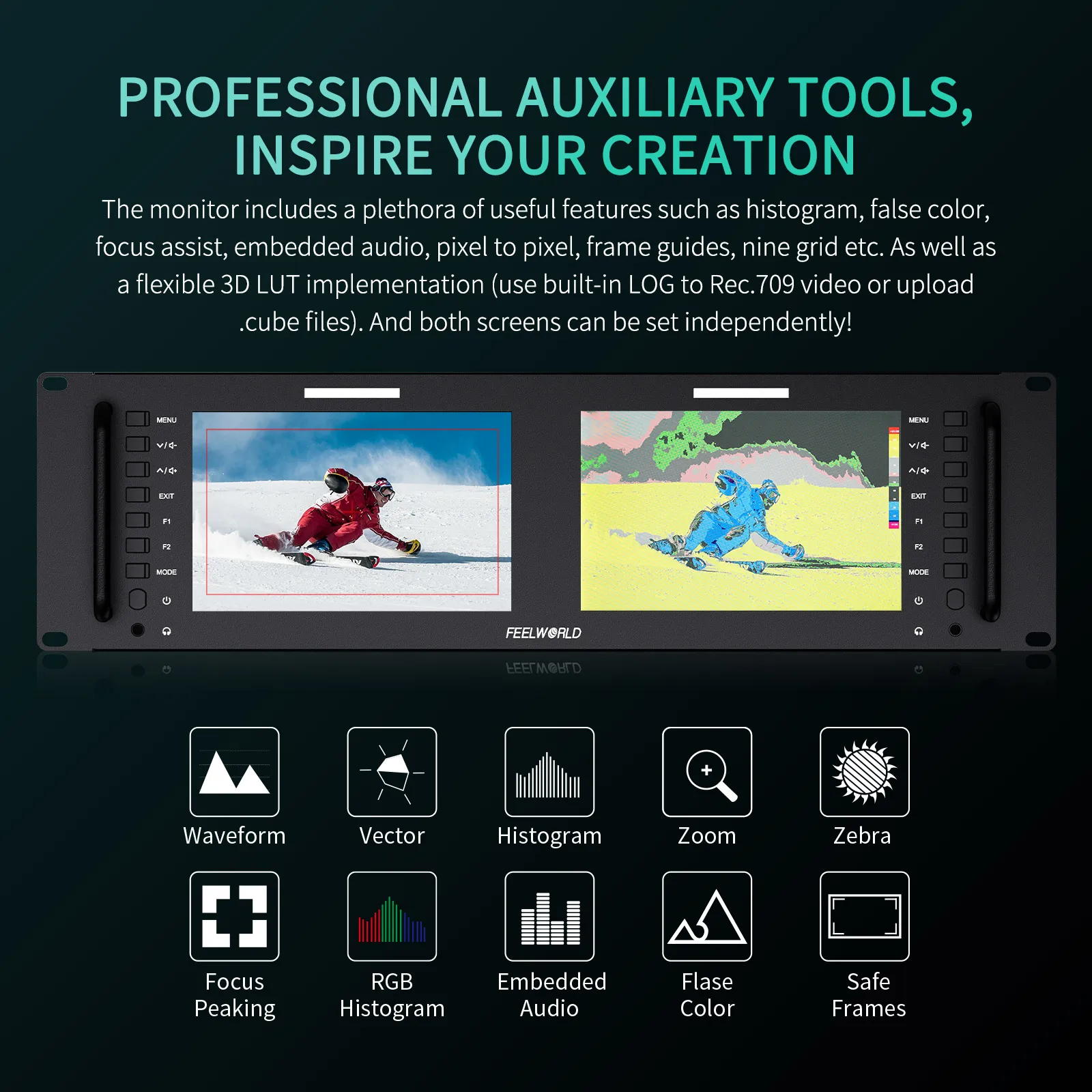 شاشة FEELWORLD D71 PLUS مزدوجة 7 بوصة 3RU SDI HDMI مثبتة على الرف IPS Full HD 1920x1200 مع جهاز تحكم عن بعد ثلاثي الأبعاد على الموجي