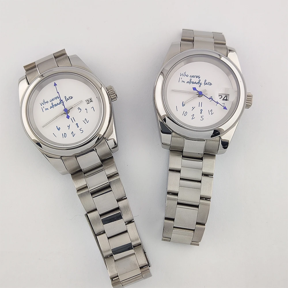 nh35 Watch 36mm/39mm Who cares im already late Watch No Logo Blue Text Oyster Case Sapphire Crystal Glass Automatic Movement