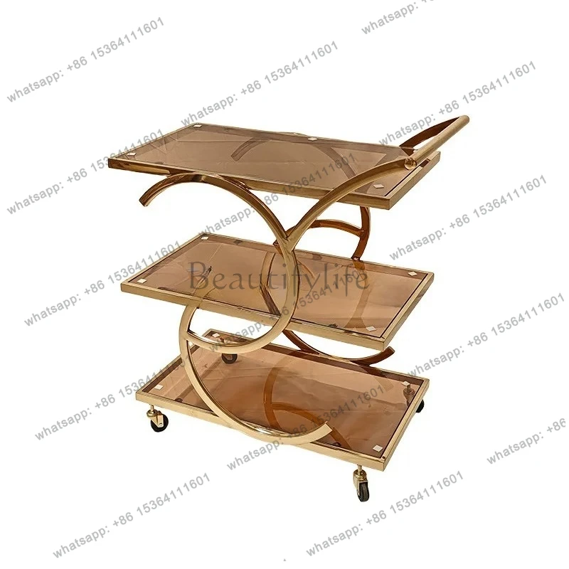Hotel Stainless Steel Dining Cart Tempered Glass Storage Rack Restaurant Mobile Beverage Cart Dining Cart Small Trolley