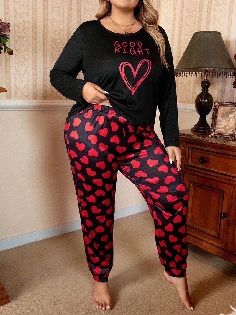 

Fashionable Plus Size Women's Heart Print Pajama Set Long Sleeve Tops And Soft Elastic Pants Perfect For Summer Loungewear Pjs