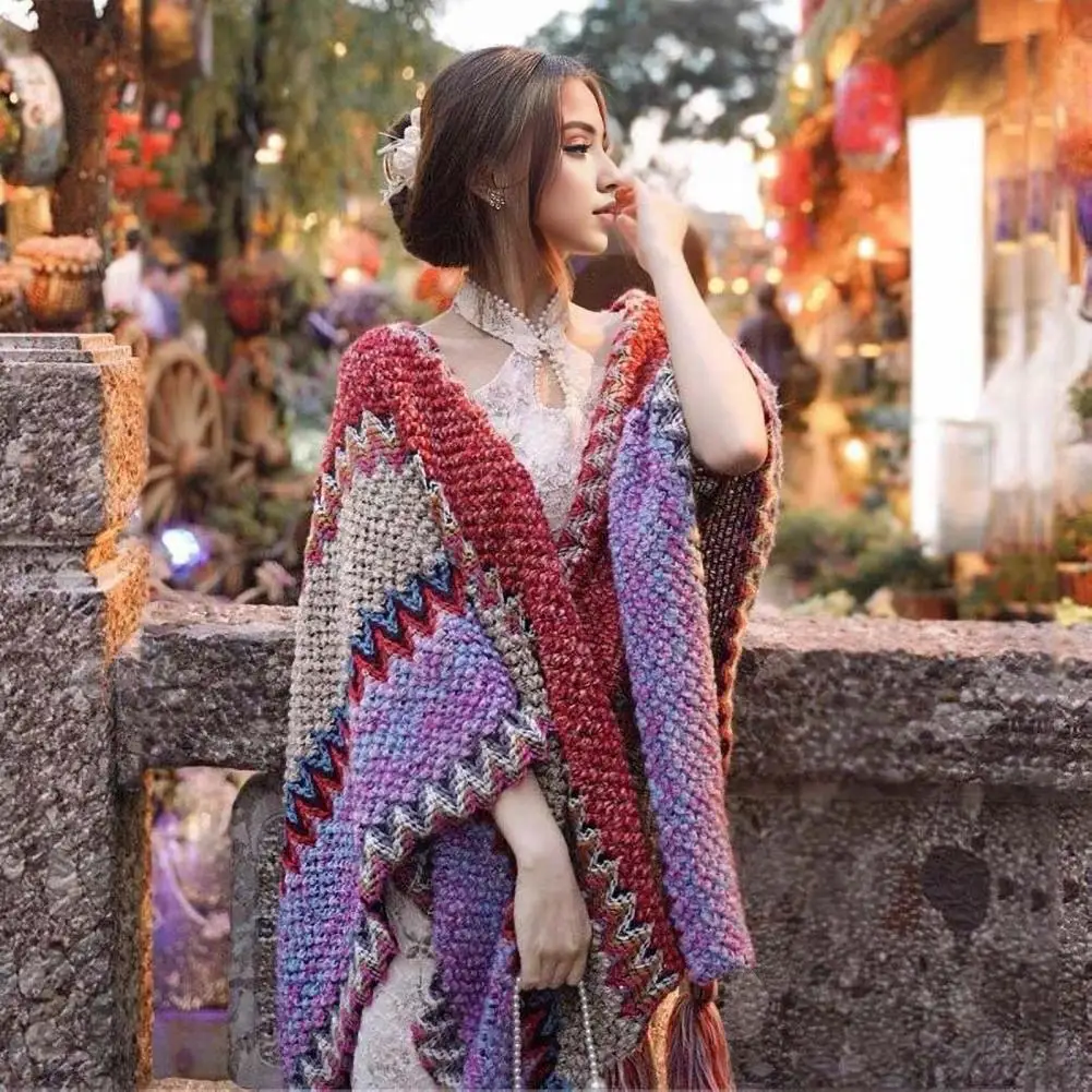 

Women Shawl Ethnic Style Knitting Shawl with Patchwork Design Colorful Cloak Accessory for Women Draping Shawl for Cocktail