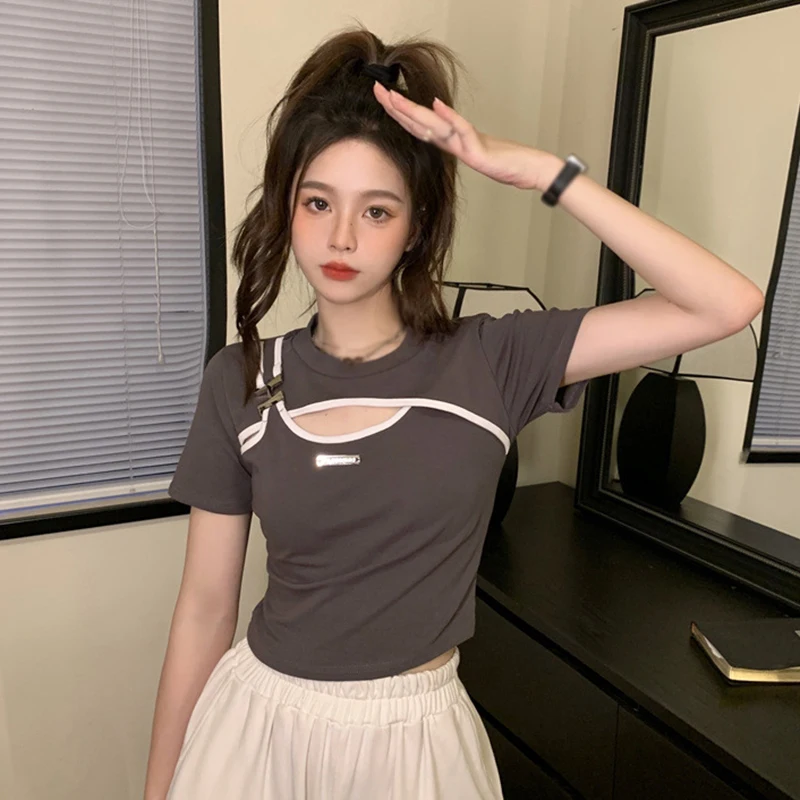 Women  Summer Ulzzang Hollow Out Design T-shirts Fashion All-match Crop Tops Sexy Hot Ladies Short Sleeve Korean Style Popular