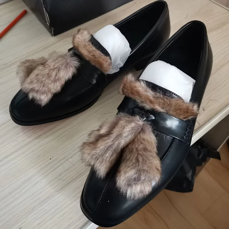 

Черные туфли из натуральной кожи, мужские лоферы с кисточками, мужские туфли с меховой отделкой, мужская повседневная обувь, обувь для вечеринок и банкетов