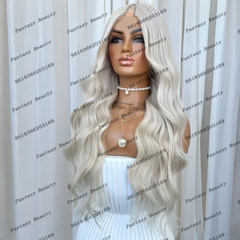 #60Platinum Blonde 100% Remy Human Hair Full Machine Made U Part Wigs for Black Women Long Body Wave White Adjustable V Part Wig