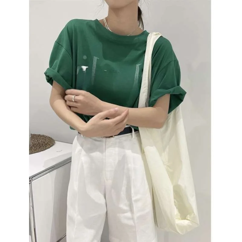 

Summer Loose Women's T-irt Letter Print round Ne ort Sve Cotton 00% Allmatch Casual Top for Ladies