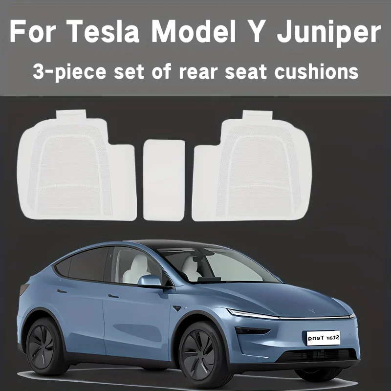 Compatible with Tesla Model Y 2025 Updated Version, White Pu Leather Rear Seat Cushions, 3-Piece Full Set of Seat Cushions, Universal for All Seasons, Juniper Version, Interior Modification - 3 Pieces