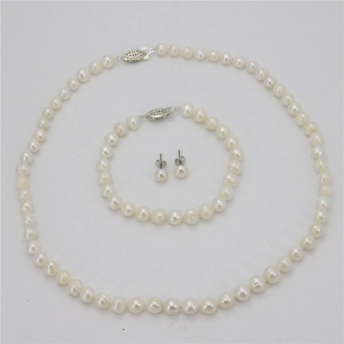 New 7-8mm Real White Cultured Pearl Necklace Bracelet Stud Earring Sets Near Round Women Jewelry Beads Natural Stone Handmade