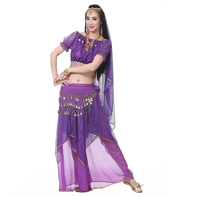 

Indian Costume Set Belly Dance Veil Top Coins Hip Scarf Skirt Women Belly Dance Bollywood Festival Performance Training Suit