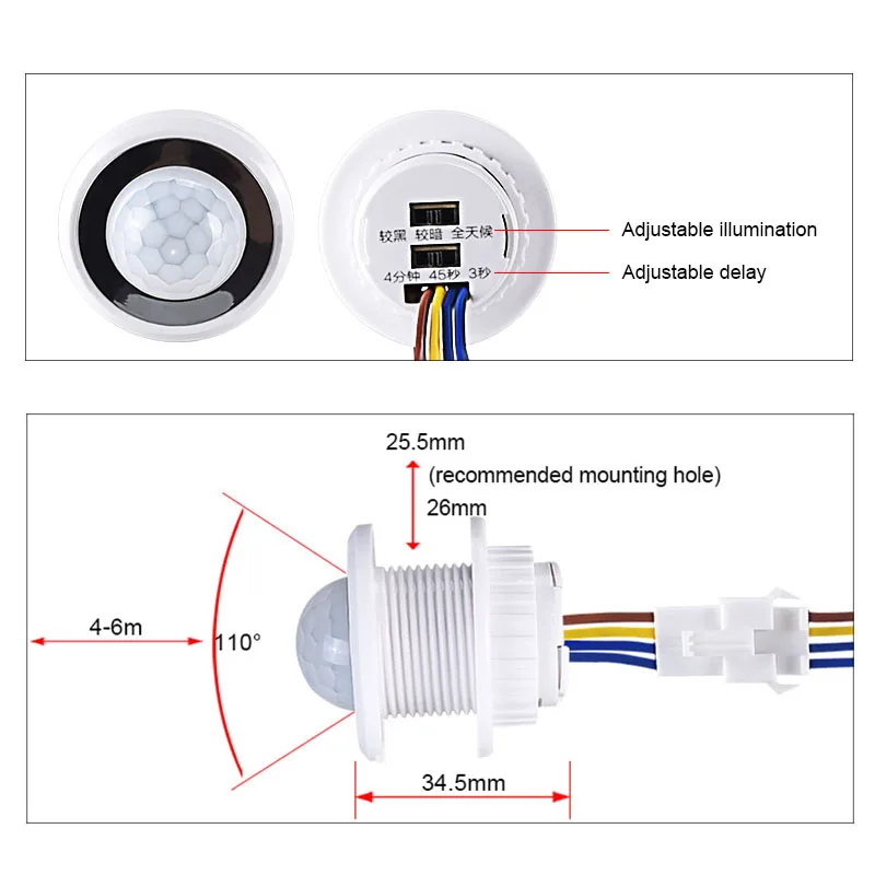 2PCS PIR Motion Sensor Detector Smart Switch Home Indoor Outdoor Infrared Light 110V 220V Time Delay Mode Adjust Lighting Switch