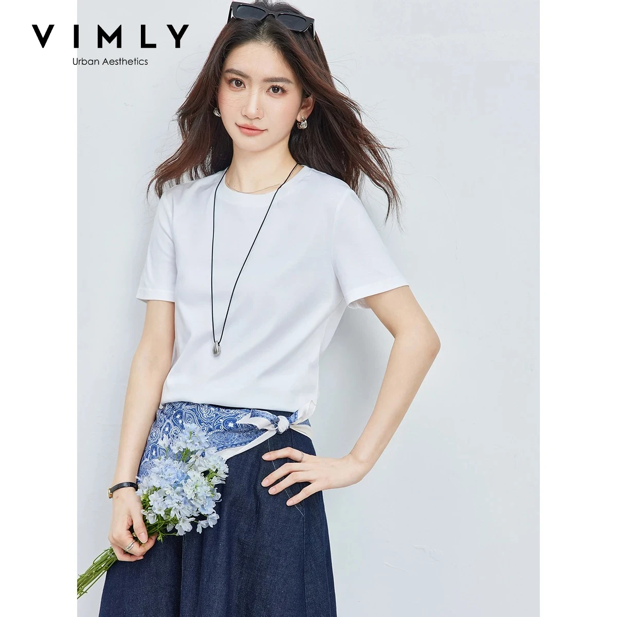 VIMLY White Minimalist Short Sleeve Tee 2026 Summer Classic Ribbed Crew Neck Loose Fit Commuter Cotton Blend Top Women A6635