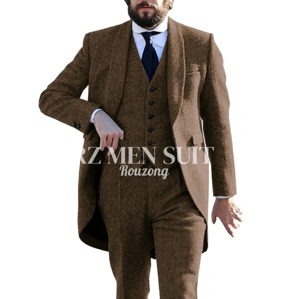 

Tweed Mens Tailcoat 3 Pieces Herringbone Suits Prom Tuxedos Wedding Groomsmen Blazer Setsvestidos de novia trajes para hombre