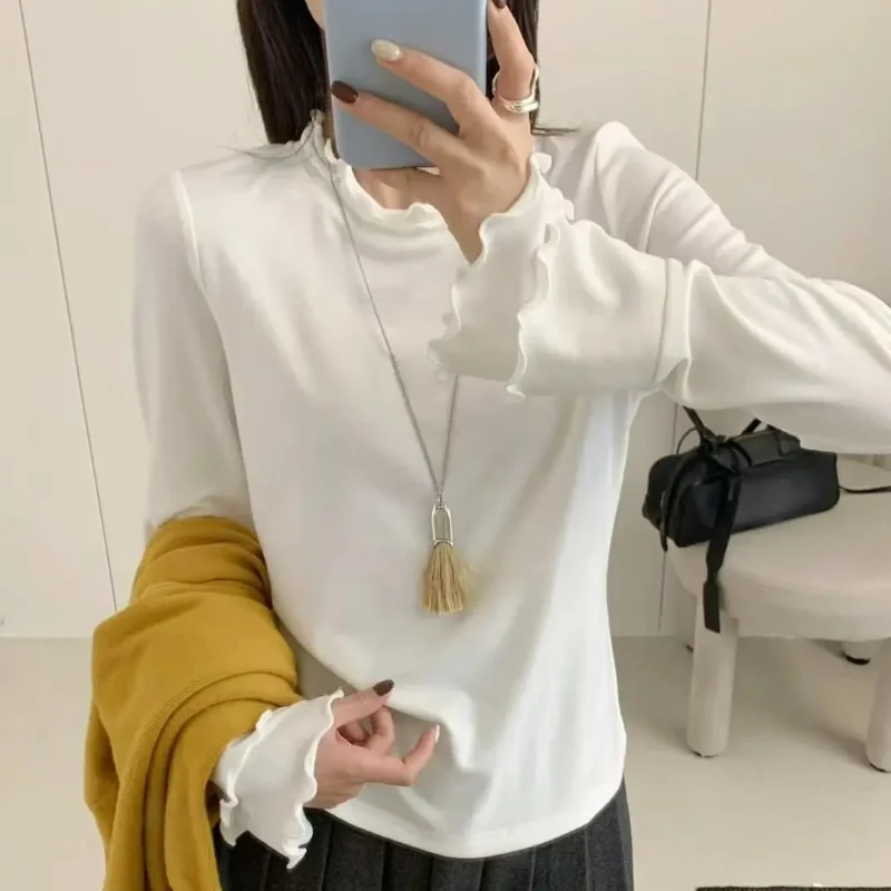 

Женская дизайнерская осенне-зимняя темпераментная милая футболка с двойным грибком и воротником-стойкой с длинными рукавами, нижняя рубашка