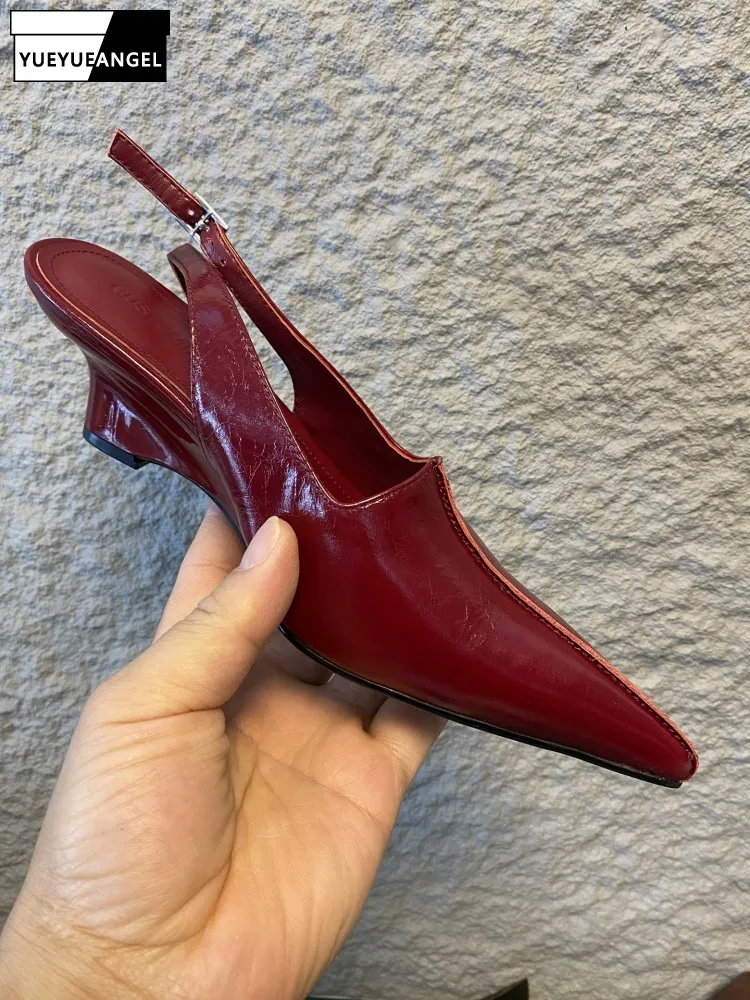 Office Ladies Elegant Cowhide Genuine Leather Wedges Sandal Solid Color Handmade Sexy Pointed Toe Women Summer Fashion Shoes