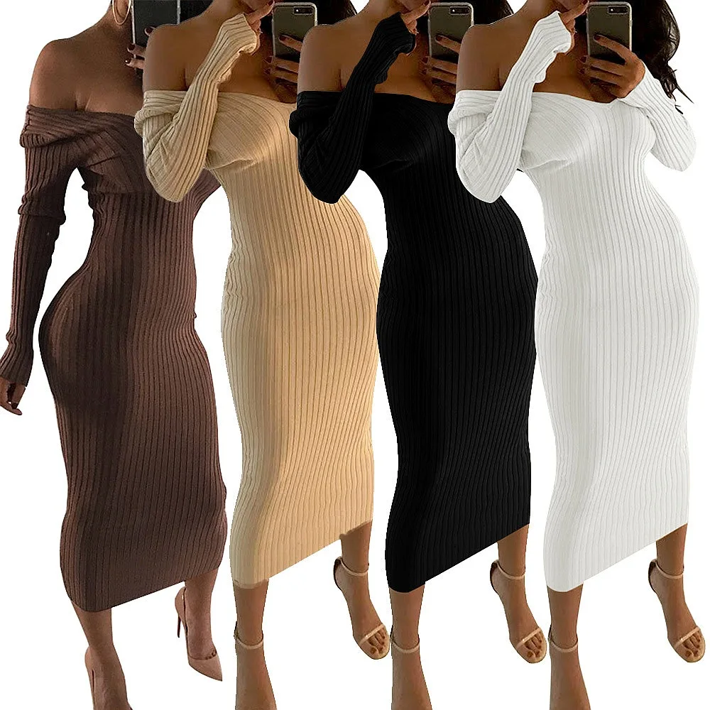 Off Shoulder Dress Women V Neck Long Sleeve Bodycon Evening Dress Jumpsuit