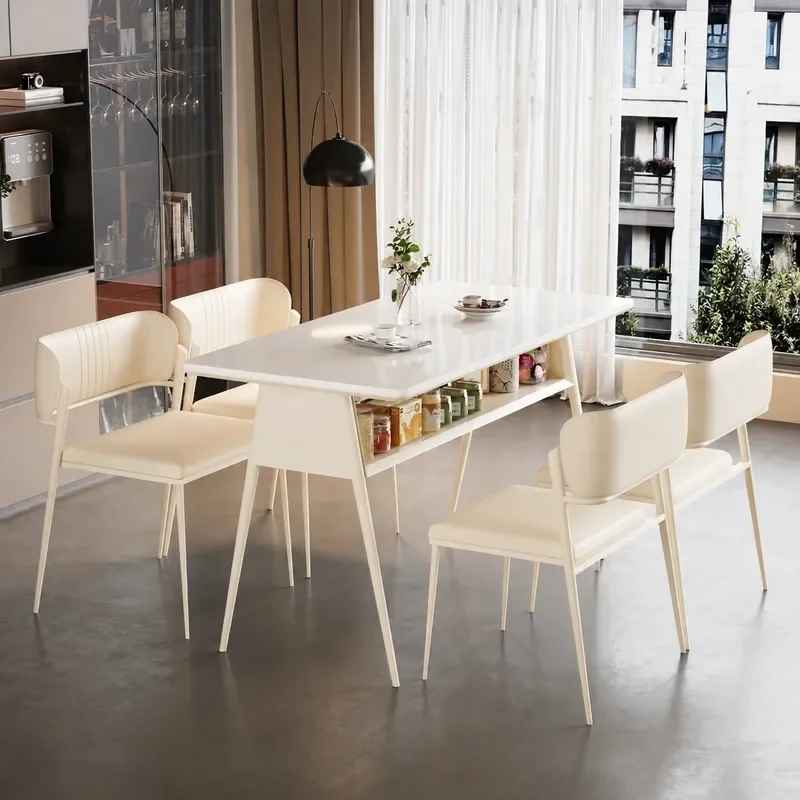 Modern Simple Rectangular White Slate Dining Table and Chairs Set for Small Apartment Household Cream Style Rock Slab