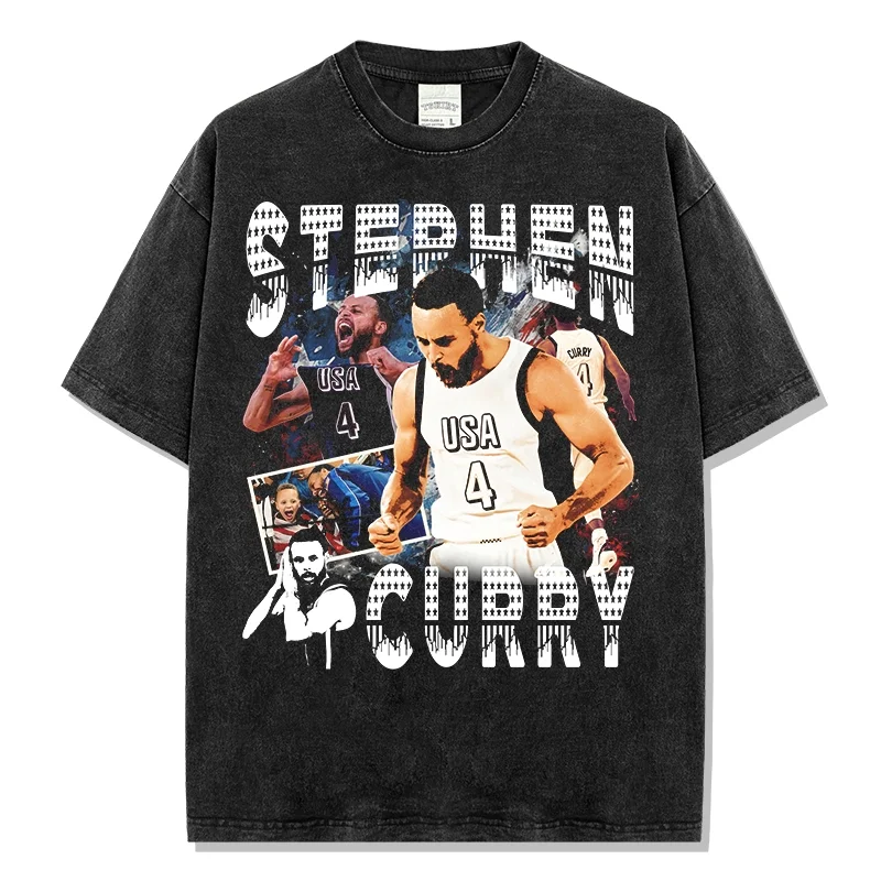 

Trendy Acid Wash Stephen Curry USA Team T-Shirt Basketball Icon Graphic Tee Relaxed Fit Comfortable Men's Casual Fashion Top