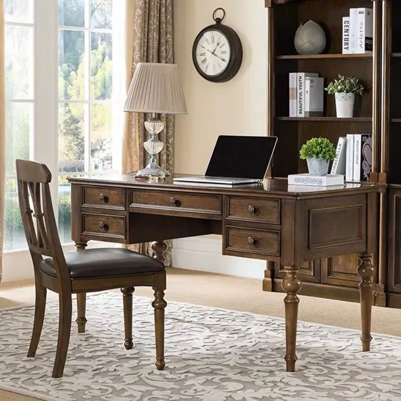 Modern Simple American Country Solid Wood Desk Chair Combination Student Desktop Computer Desk Household Desk Walnut