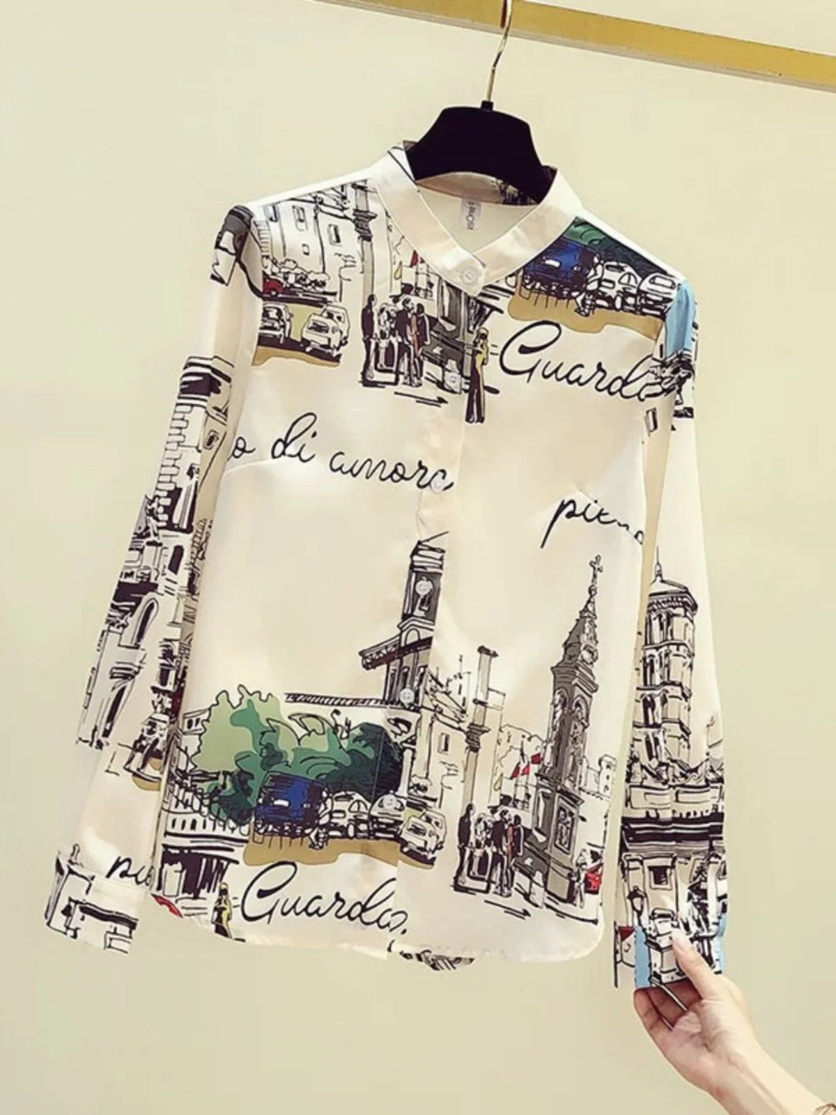 

Женская рубашка в стиле ретро из Гонконга, свободный крой, длинный рукав, шифоновый топ, дизайнерская модель, осенняя новинка, корейская версия