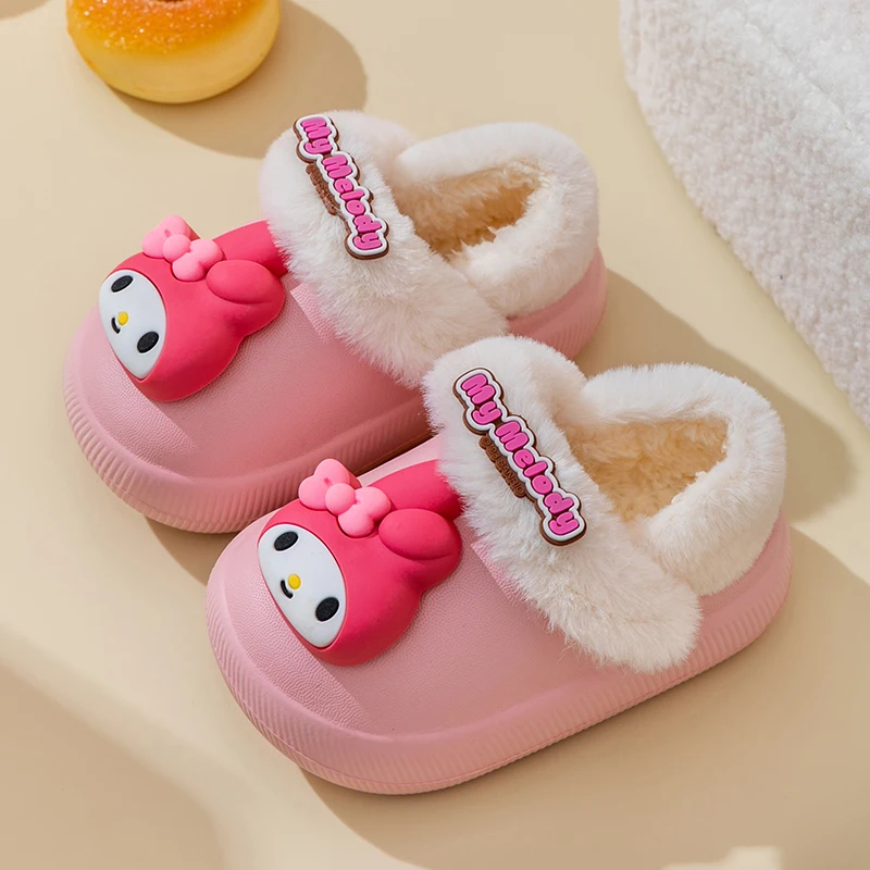 

Sanrio/детская хлопковая обувь, детские тапочки в британском стиле, однотонные швейные плюшевые теплые зимние модные тапочки для мальчиков и девочек