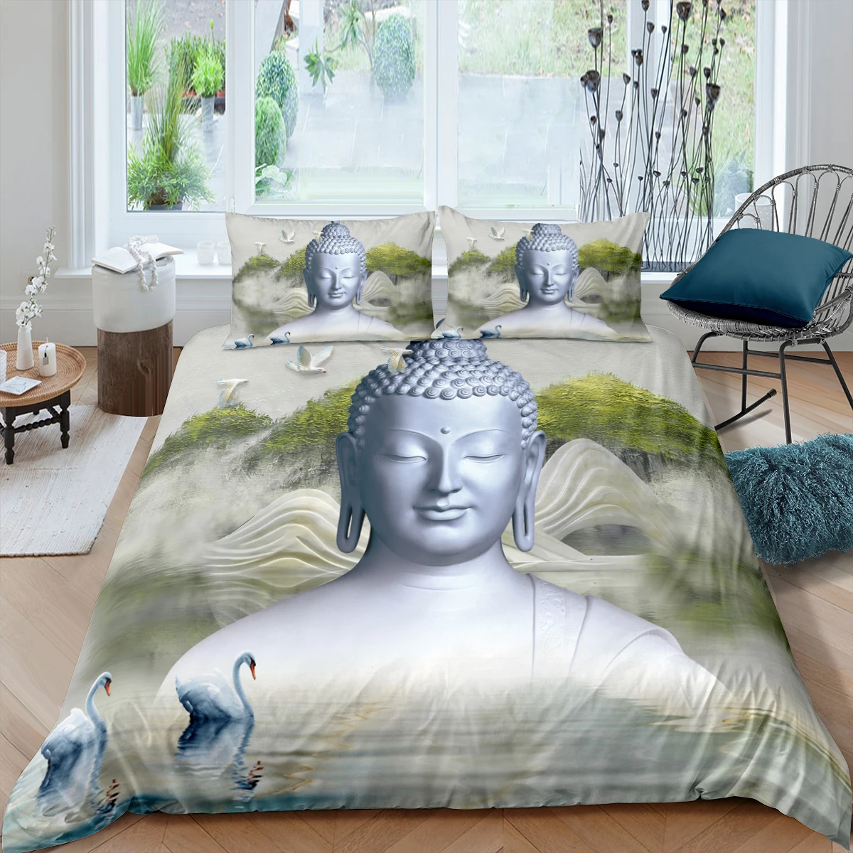 Home Living Luxury 3D Print Buddha Bedding Set Lotus Crane Duvet Cover Pillowcase Queen and King EU/US/AU Size Polyester Bedding