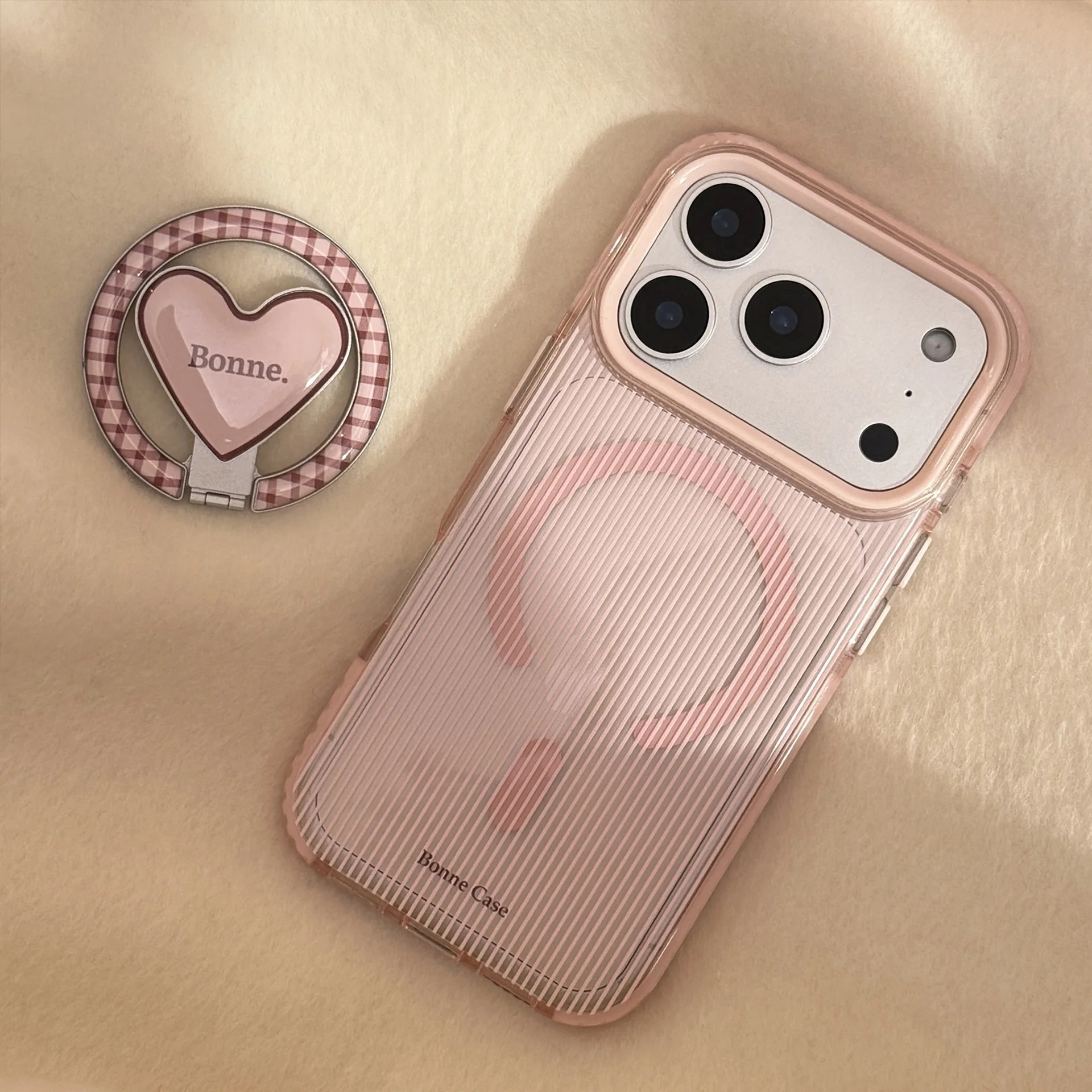 Koreanisches rosa gestreift mit karierter Liebesherz-Halterung, magnetische Handyhülle für iPhone 17, 16, 15, 14, 13, 12, Pro Max, stoßfeste Softcover