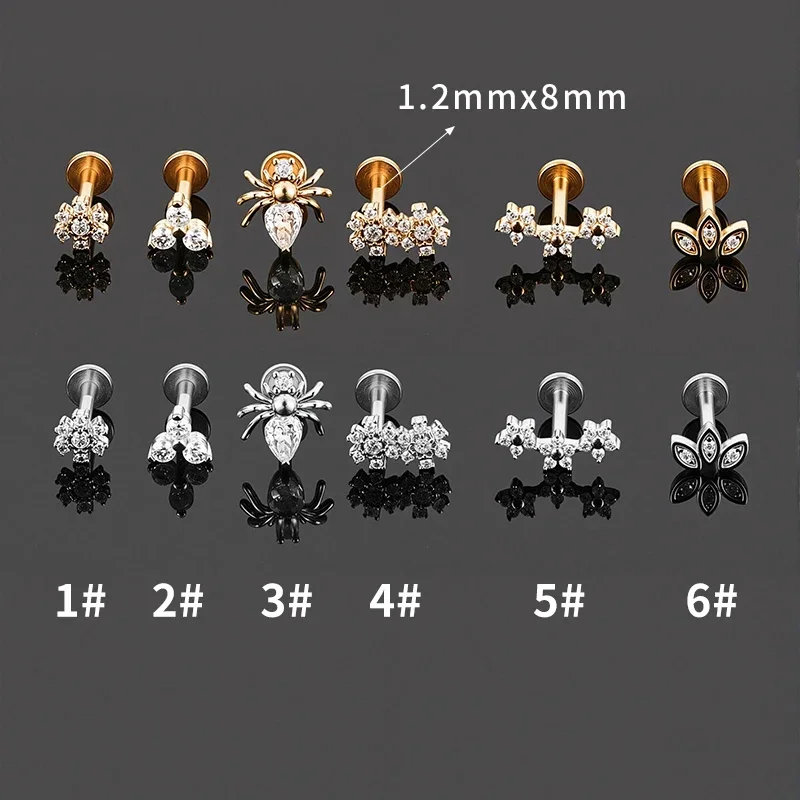 1pc Stainless Steel Internally Threaded Gold Prong Little Spider Flower Zircon Labret Stud Tragus  Body Jewelry