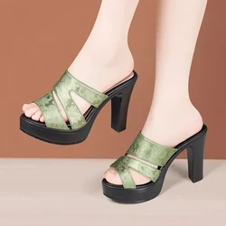 11cm Small Size 32-43 Elegant Floral Print Block High Heels Shoes Platform Slides 2025 Summer Women's Slippers Office Model