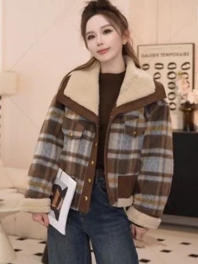 

Lamb Fur Patchwork Plaid Woolen Jaet Women's ort Thiened Warm Casual Sle Autumn Winter New Korean Version Upperwear