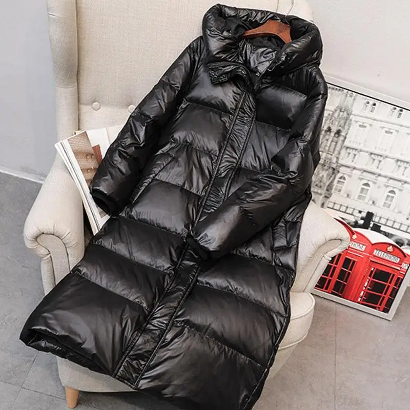 

Women Winter Down Coat Long Over Knee Thick White Duck Down Jacket Slim Hooded Warm Windproof