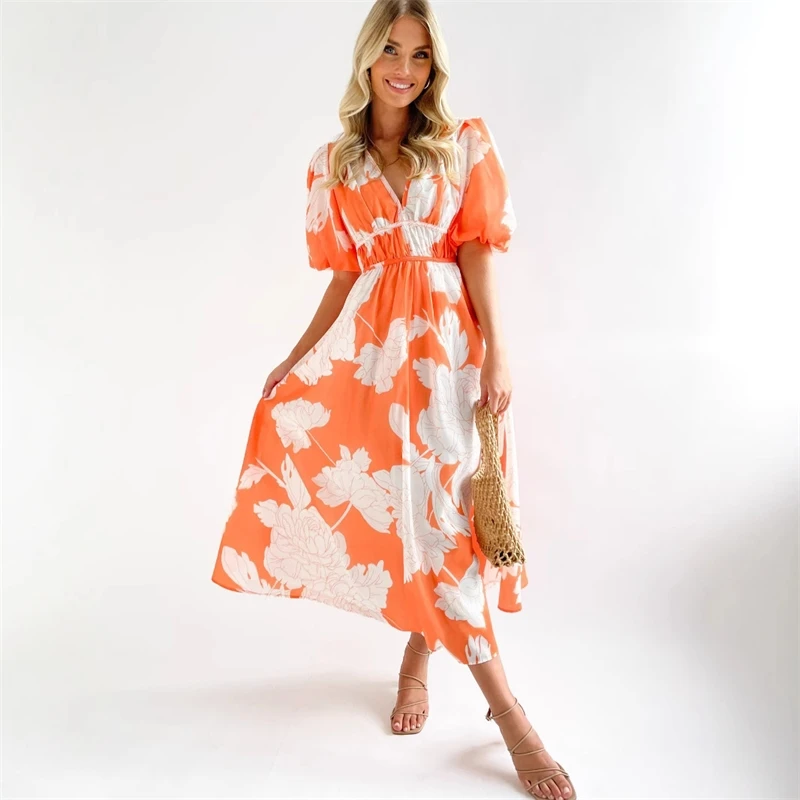 Fashion Boho Floral Print Long Dress For Women New Spring Summer Short Sleeve V Neck Elegant Style Maxi Dresses Robe Femme