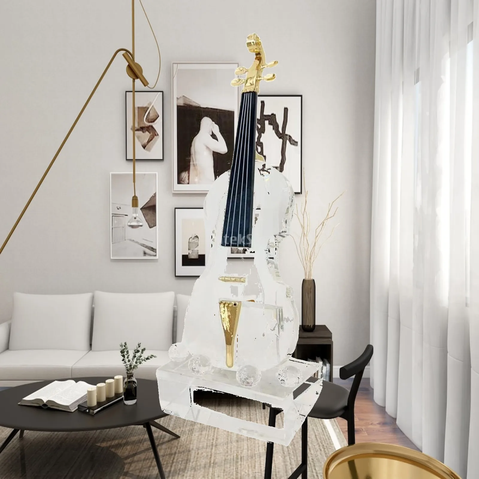 Violin Figurine Contemporary Clear Glass Metal Home Decorative Artwork Centerpiece for Dining Room