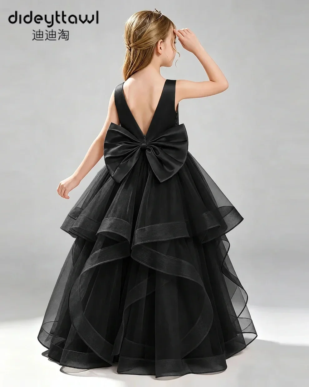 Multi Color Sleeveless Pageant Dress V Back Big Bow Tiered Tulle Long Evening Gown Rhinestone Waist Formal Party Prom Costume