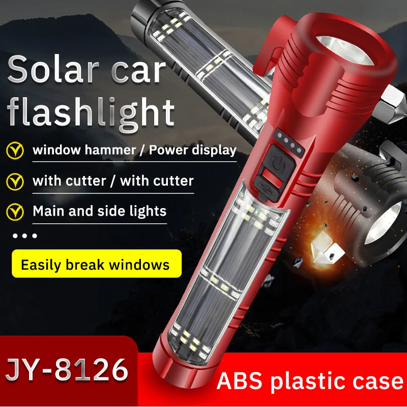 Multifunctional Car Flashlight Safety Hammer Emergency Self-Defense Flashlight Solar Charging Sound Alarm Bright Light Torch