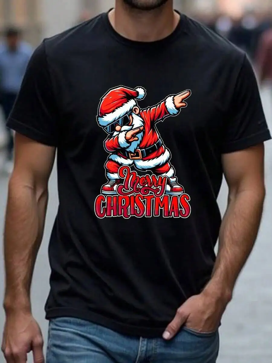 Cartoon Santa Pose Letter Graphic Tee Shirt, Fashion Basic Short Sleeve T-Shirt Men, Suitable For Party 100% Cotton Trendy Y2K