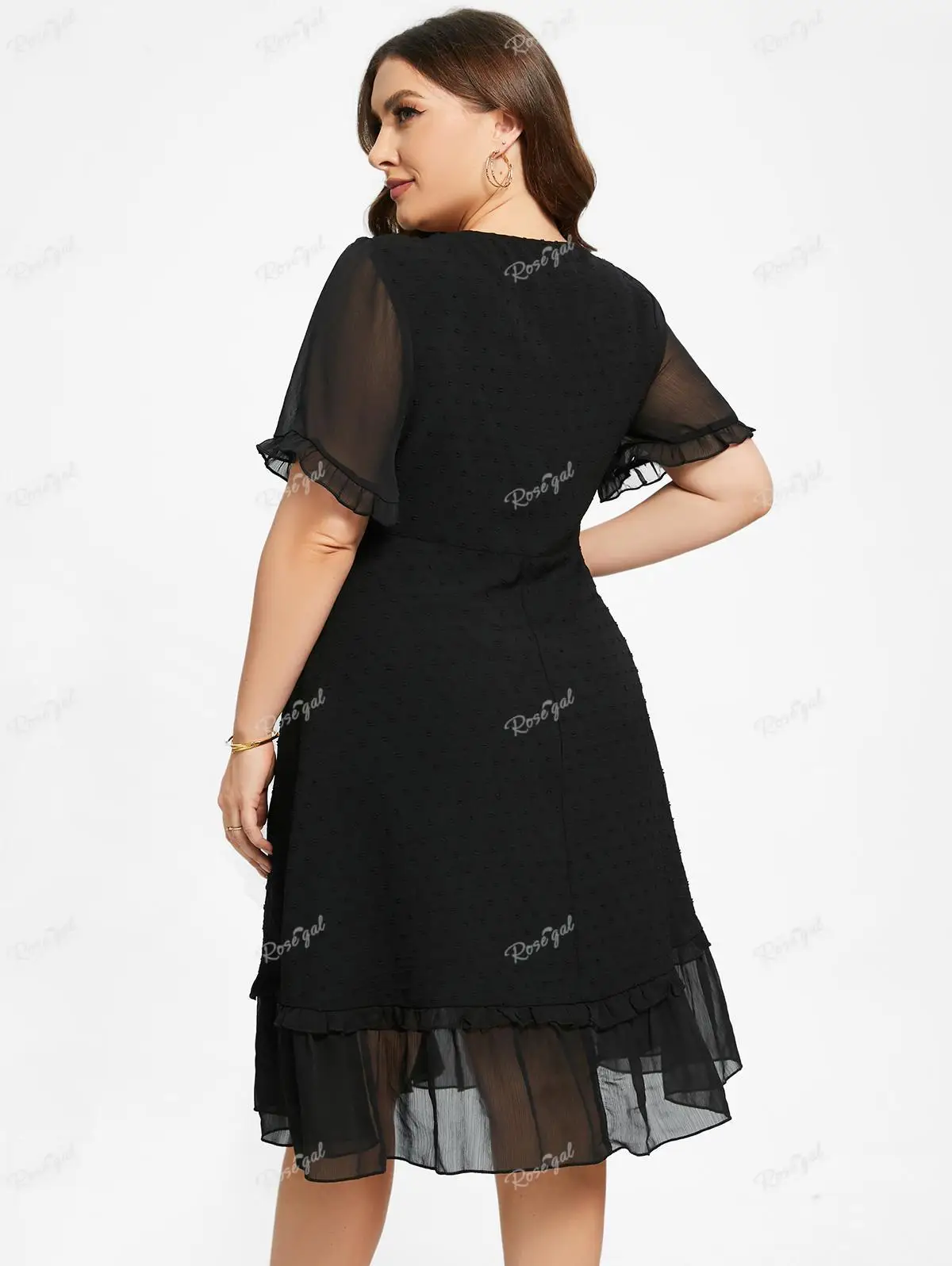 ROSEGAL Plus Size abiti Casual nero elegante scollo a v pizzo Trim Sheer Ruffles Dress per le donne primavera, estate Streetwear Vestidos