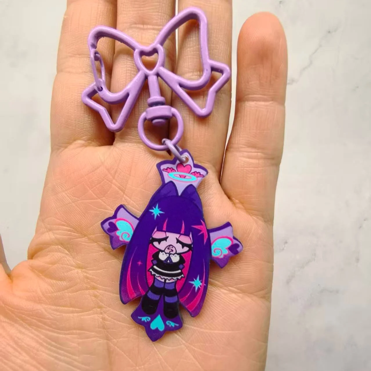 Anime Panty & Stocking with Garterbelt Bowknot KeyChain Kawaii Figure Acrylic Keyrings Backpack Pendant For Fans Christmas Gifts image 3