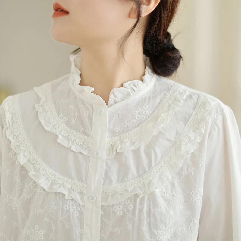 Women\'s elegant blouse mori girls royal style lstringy selvedge lace embroider white basic shirts woman korean popular clothes