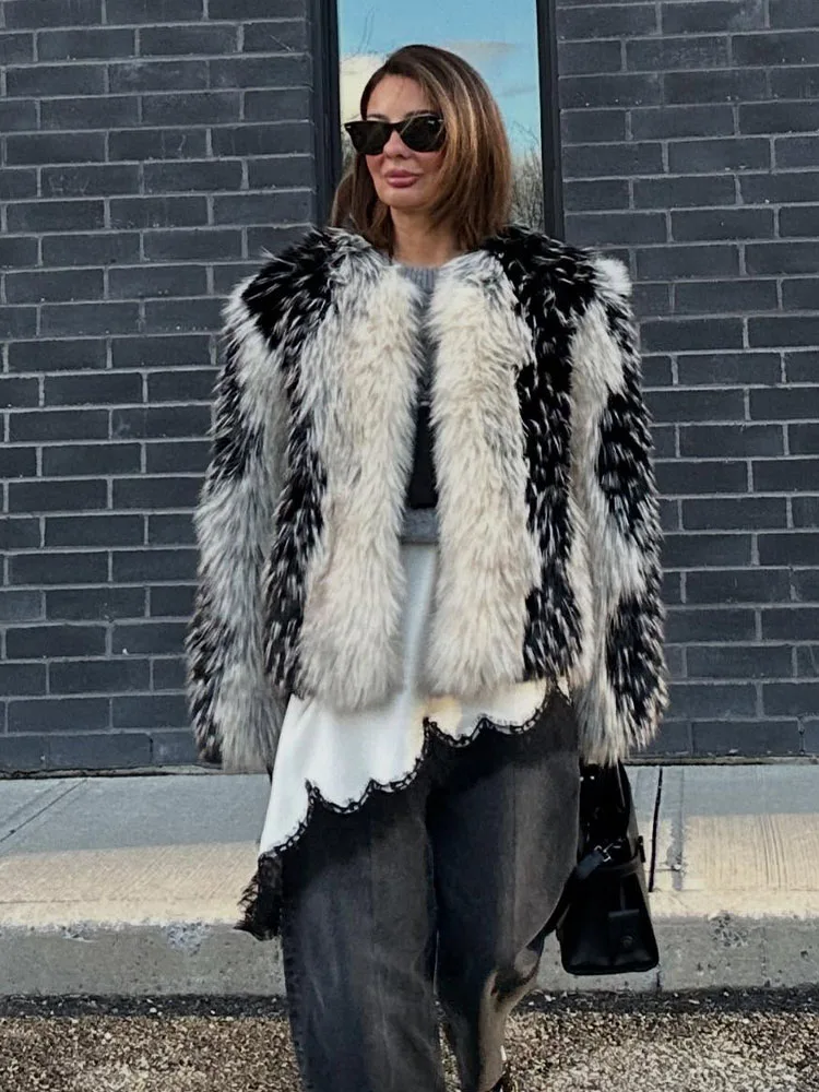 HH レディース 冬新作 フェイクファー風 クルーネック 長袖 暖かいジャケット 隠しバックル カラーブロック装飾 カジュアルコート