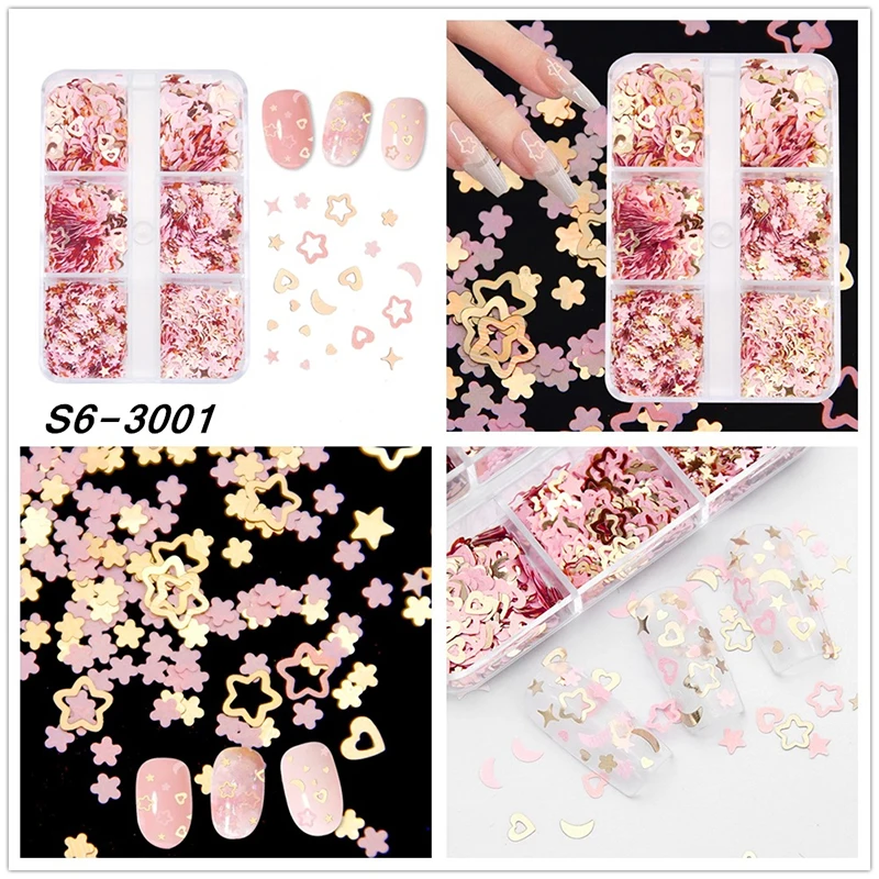 Pink Gold Nail Glitter Sequins with Mix Star Moon Cherry Blossom & Love Heart Flakes for Manicure Decorations Nail Accessories