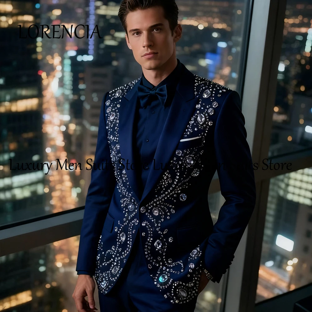 سباركلي كريستال الذكور الدعاوى 2 قطعة موضة البدلات الرسمية مجموعة مساء عشاء حفلة الزي تخصيص السترة السراويل trajes الفقرة hombre #1