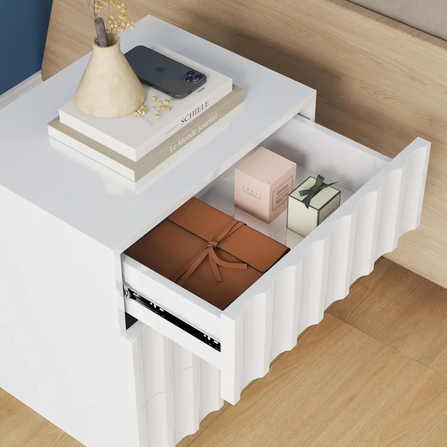 

A High Gloss LED Bedside Table Modern End Side Table Nightstand With 3 Drawers