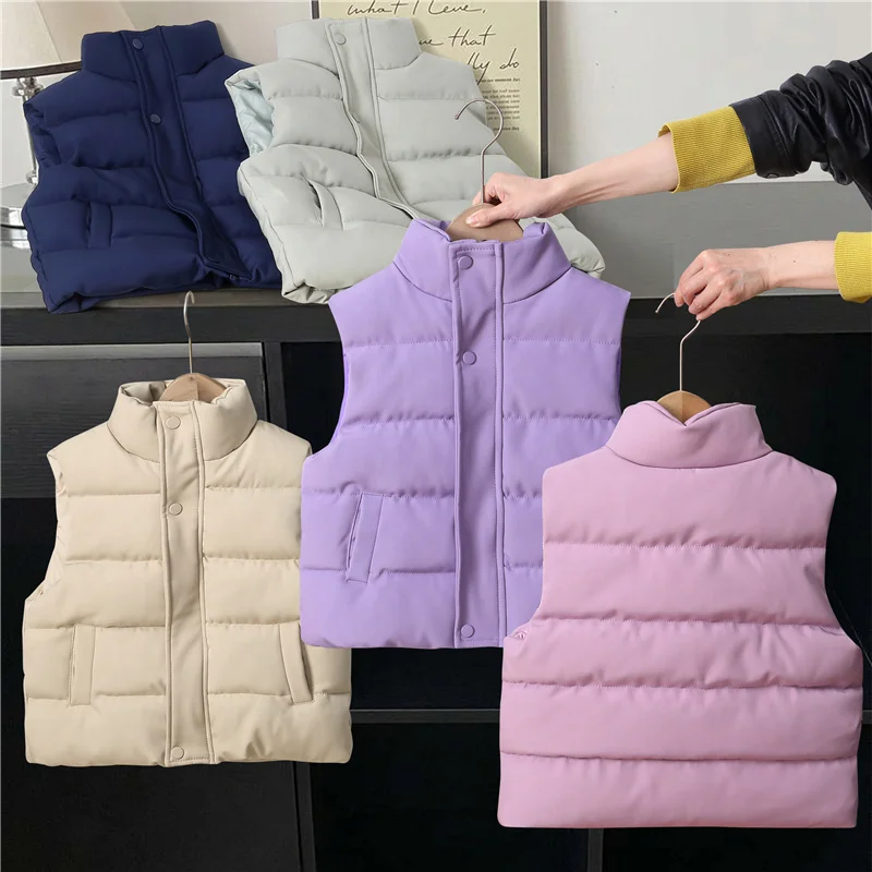 Winter Down Vest Coats Boys Girls Thick Warm Zipper Waistcoat Fashion Quilted Cropped Jacket Street Sleeveless Outerwears