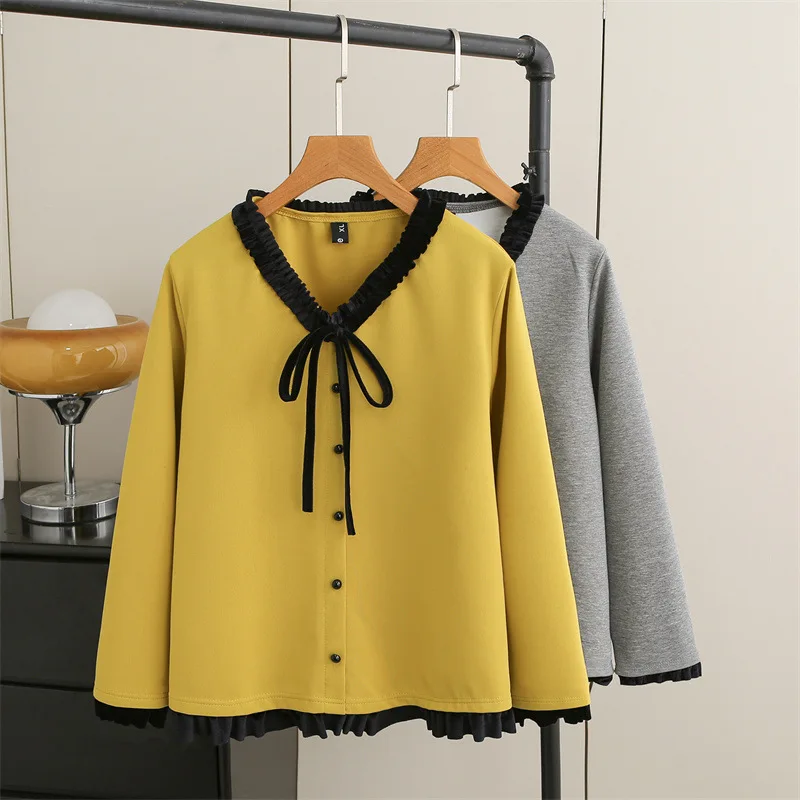 

XXXXL Fashion Plus Size Woman Clothing Sweatshirt Spring 2026 Ruffled Bow V-Neck Long Sleeved Tops Casual Hoodie 971