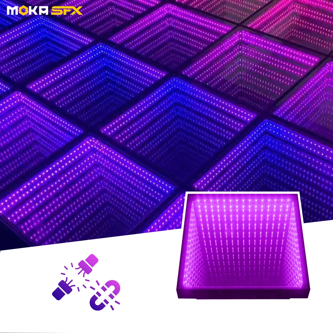 MOKA 8X8FT Wired 3D LED Dance Floor Infinity Mirror Stage Lighting Floor Tile Tempered Glass for Nightclub Show Events 25Pcs/lot