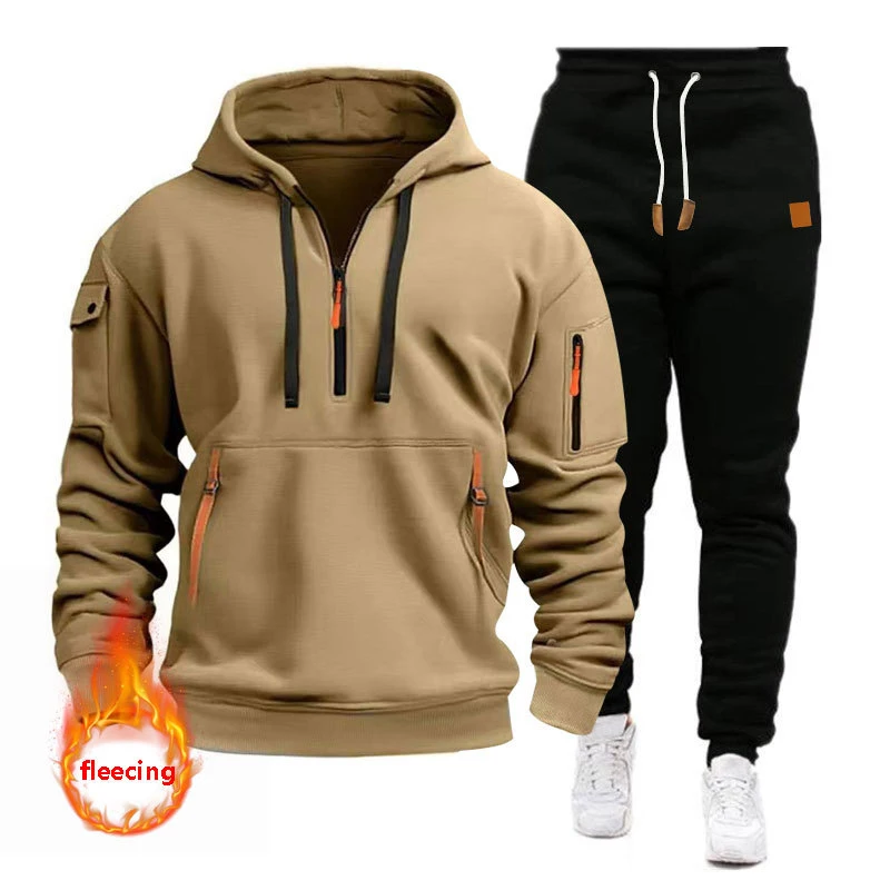 

2026Autumn Winter Men's Tracksuit, 2 Piece Set Hooded Zip Sweatshirt & Jogger Pants, Multi-Pocket Casual Sports Outfit, In Stock