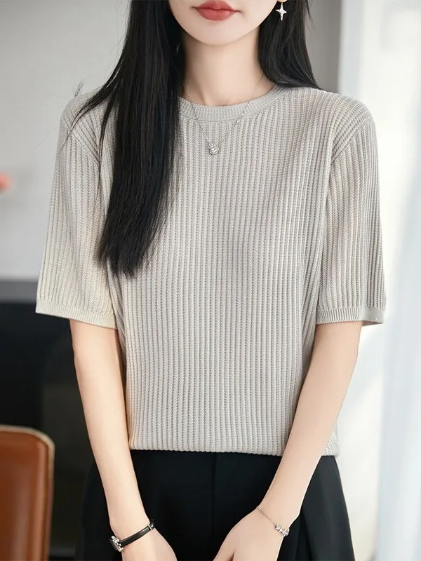 Spring Summer New Style Thin Five-Quarter Sleeve Twist Knitted Top Women Slimming Elegant Base Layer Shirt Standard Fit T-shirt