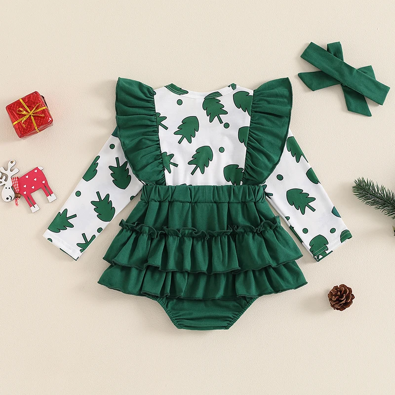 Baby Girl 2Pcs Christmas Outfits Long Sleeve Cartoon Embroidery Bodysuit with Headband Set Infant Clothes