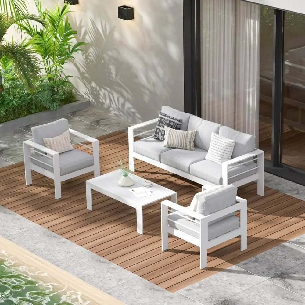 Outdoor Patio Furniture Set, Modern Patio Conversation Sets, Outdoor Sectional Metal Sofa with 5 Inch Cushion and Coffee Table