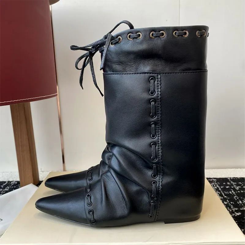 

Качественные сапоги до середины икры, женские замшевые кожаные туфли с острым носком на низком каблуке, женские ковбойские сапоги в стиле ретро в стиле вестерн, женские Botas Mujer