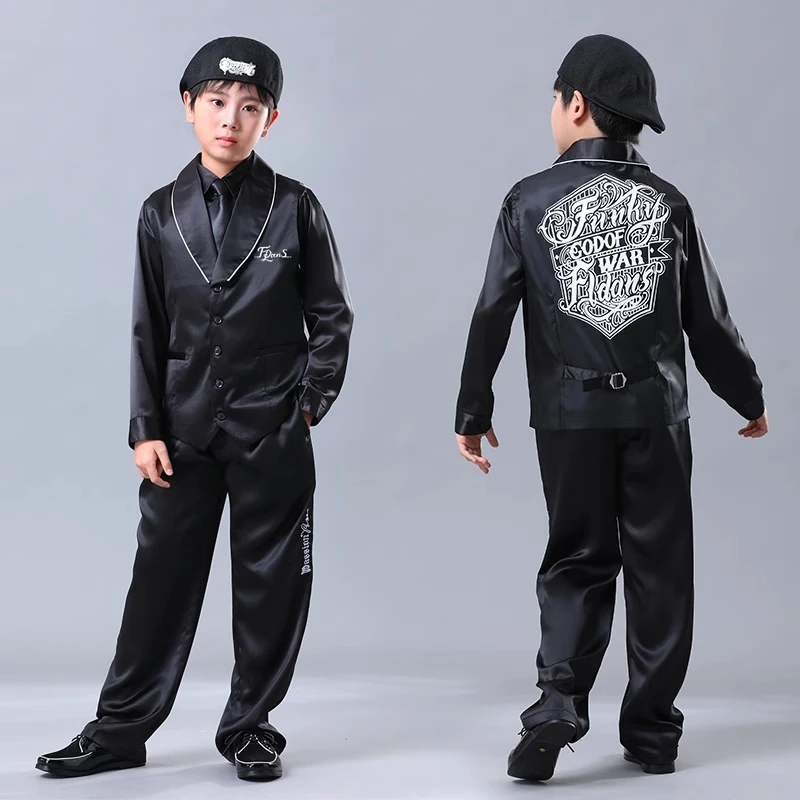 Europe America Black Dancer Children's Street Dance Shirt +Vest + Pants Popping Suit Adult Hip Hop Locking Breaking Clothing